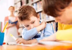 Bright young boy reading and studying in a classroom with classmates, promoting early education and learning skills.
