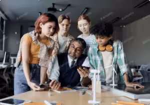 Innovative science education with diverse students and teacher engaging with STEM activities.