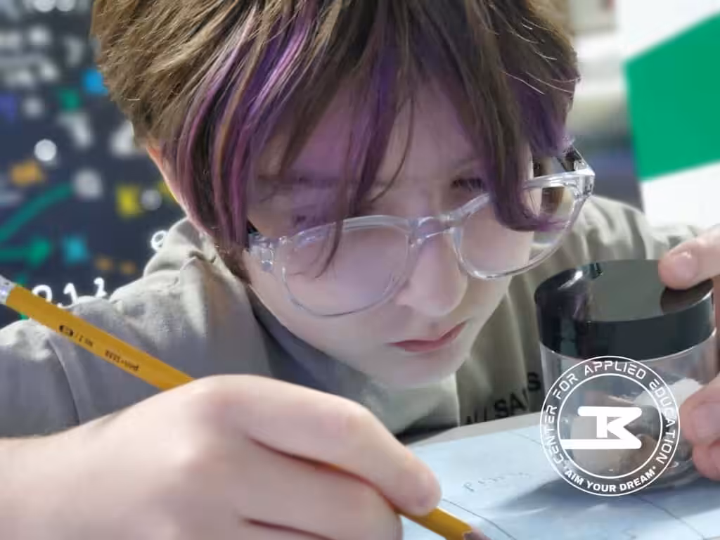 Innovative student engaged in scientific research, analyzing data with a magnifying glass and writing notes, inspired by Big Brainbox.