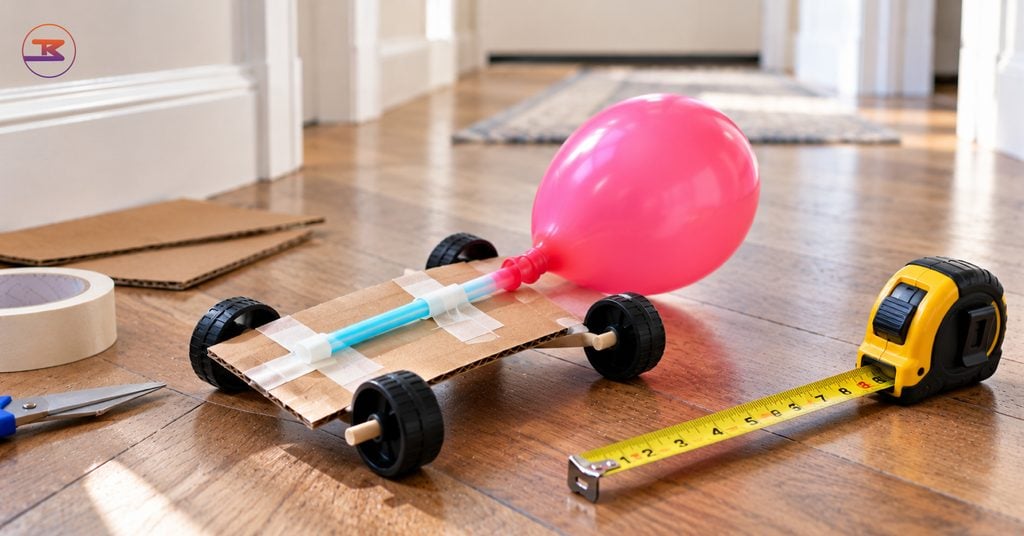 Cardboard balloon-powered car with bottle-cap wheels next to a tape measure