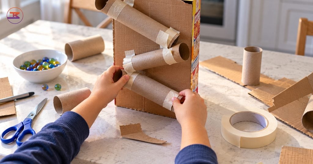 Child's hands taping a paper towel tube marble run, one of the fall break activities