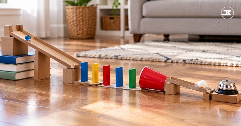Five-step chain reaction machine with a ramp, dominoes, a cup, and a bell