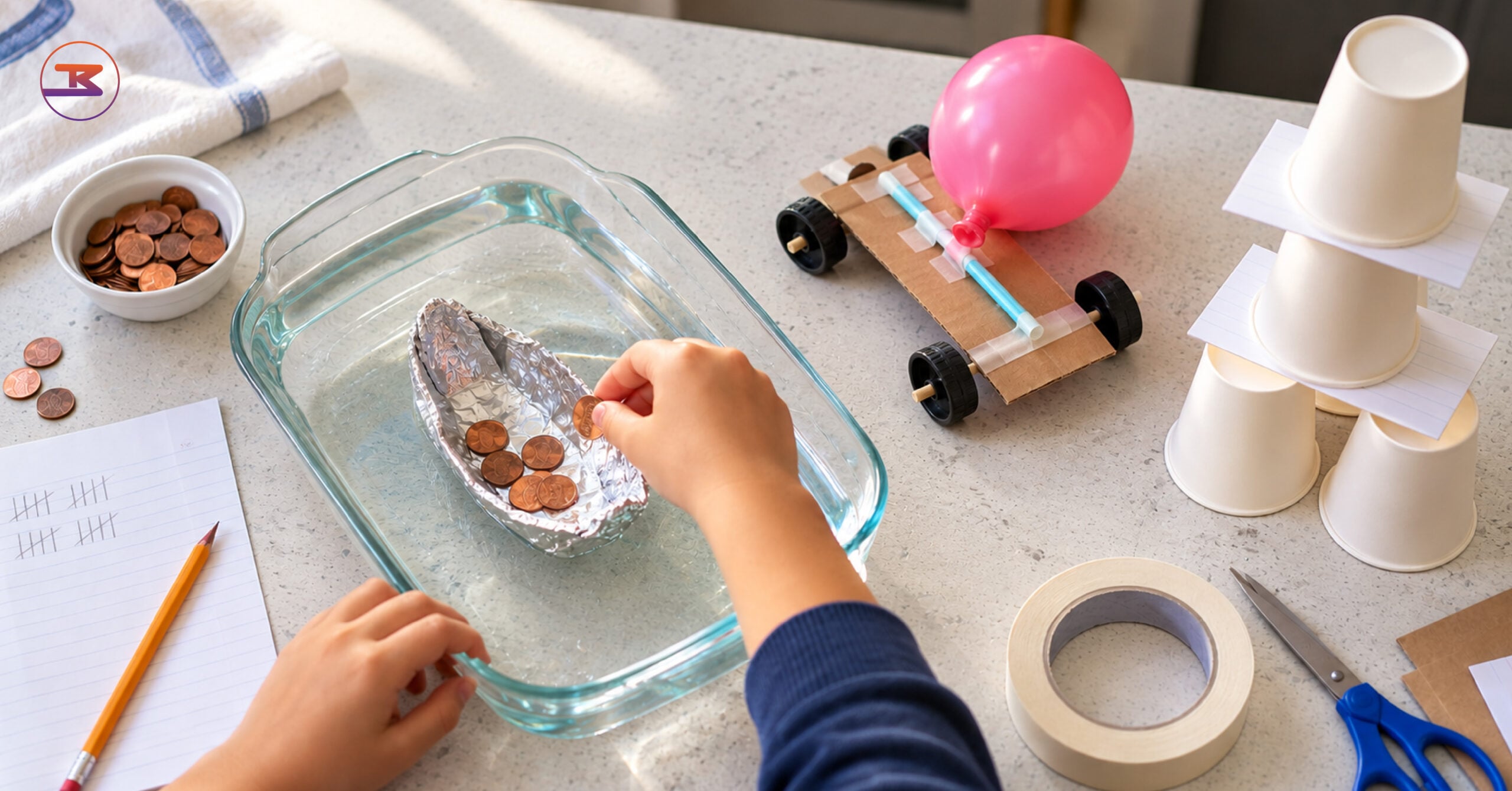 Foil boat, balloon car and paper-cup tower from fall break activities on a kitchen table