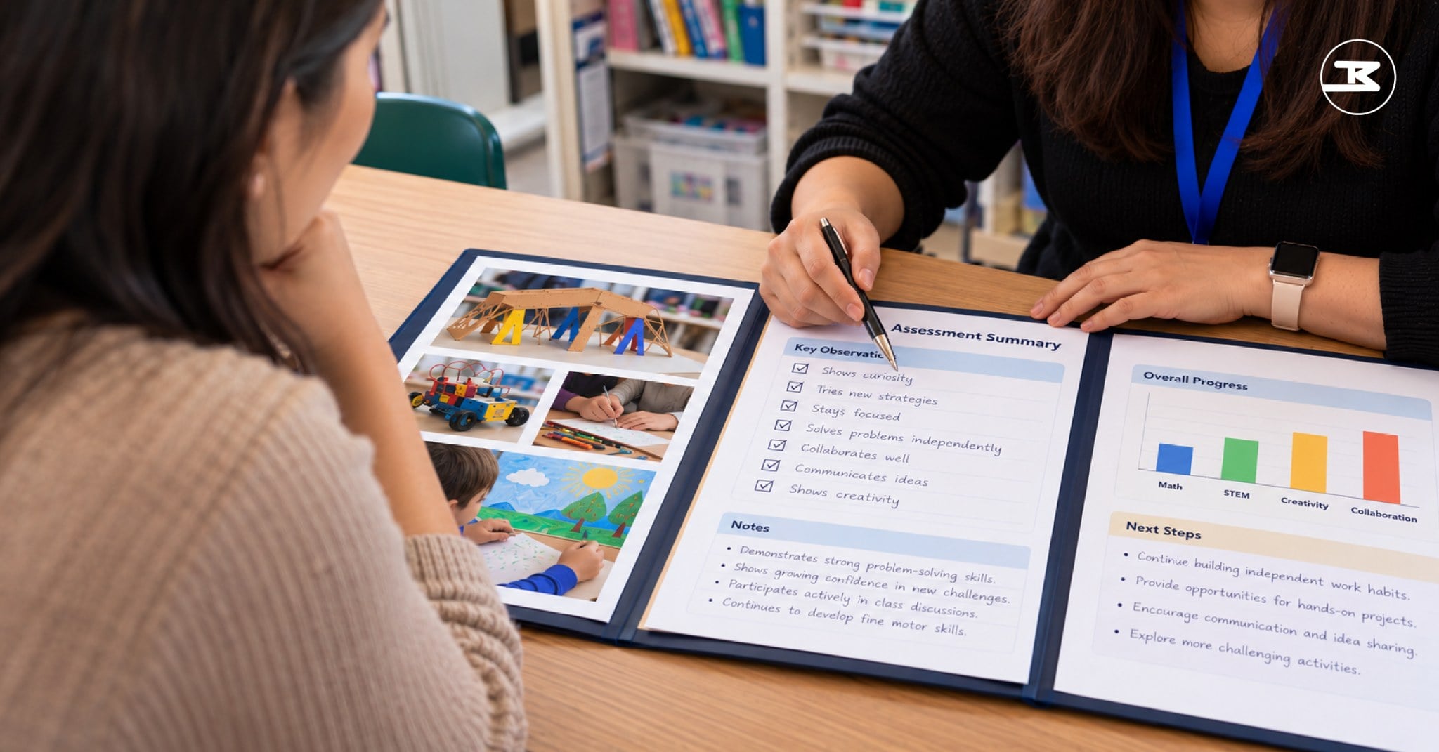 Parent and teacher reviewing project work and a score summary, the full picture beyond CogAT prep