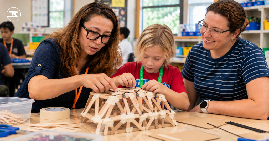 Teacher showing a parent a child's finished build at pickup from one of the fall break camps in Frisco