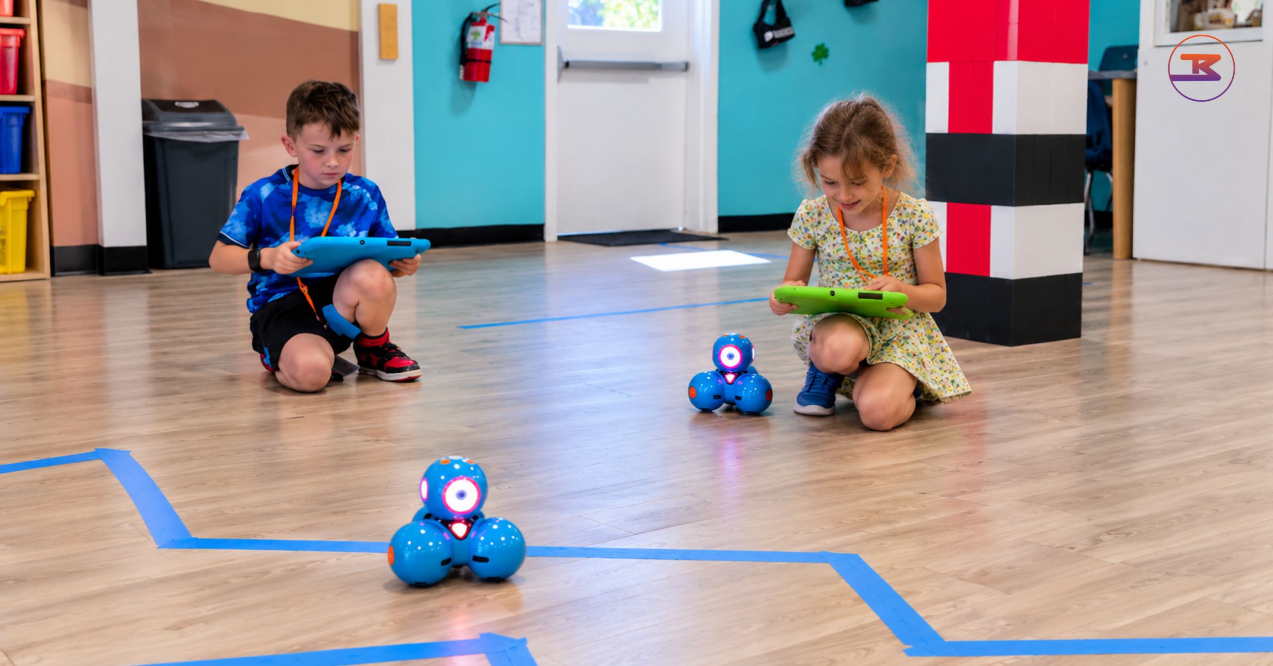 Two children debugging a small robot's path on a paper maze during coding classes for kids